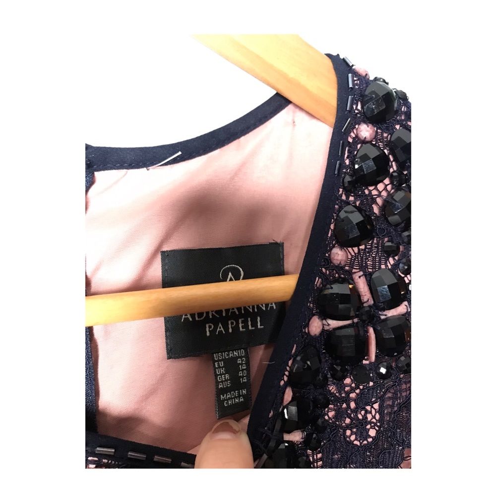 Adrianne Papell | Blue lace sleeveless midi dress pink lining beaded detail • - Picture 7 of 8
